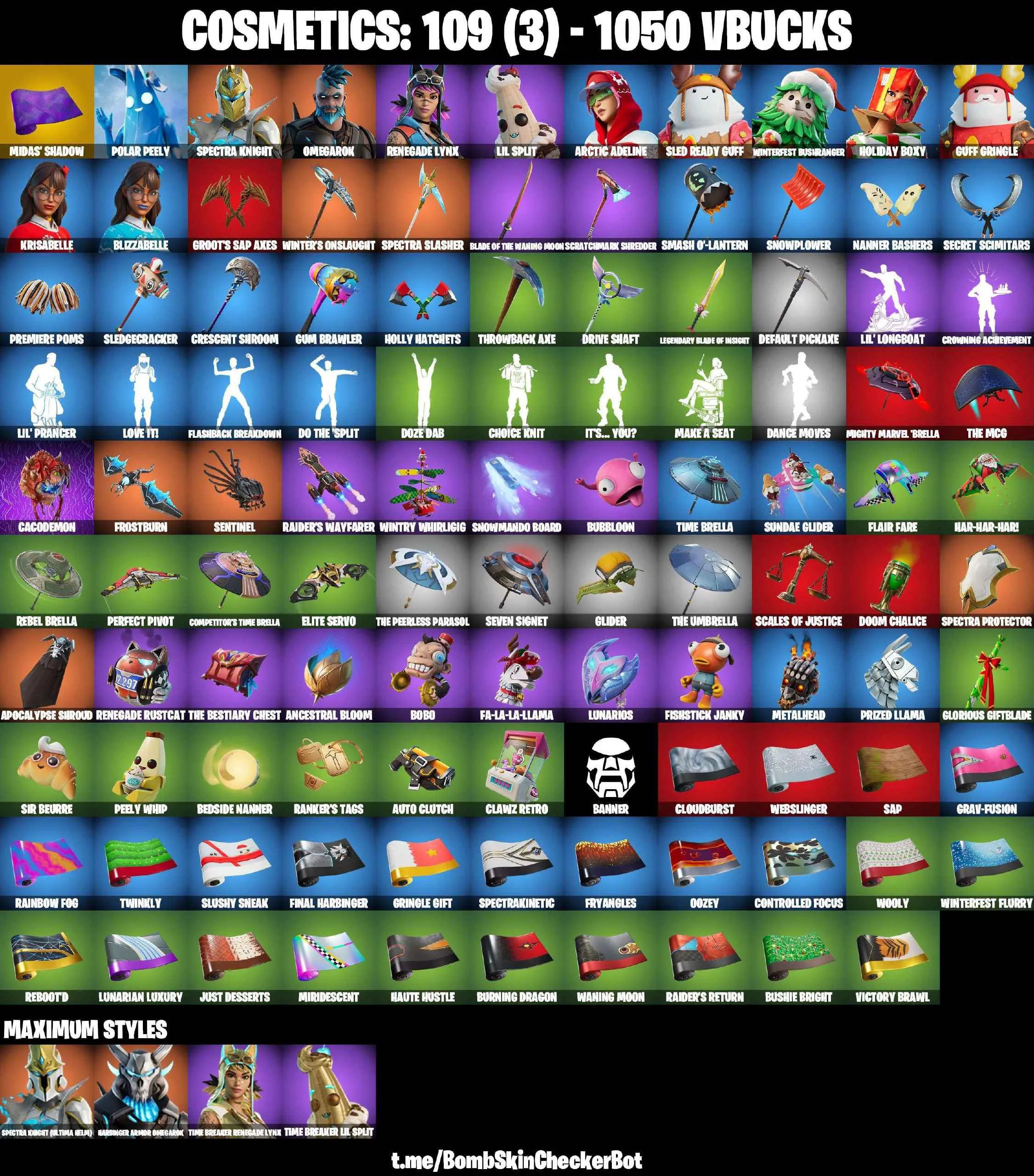 ❤️12 SKINS❤️ARCTIC ADELINE❤️POLAR PEELY❤️SPECTRA KNIGHT(MAX)❤️OMEGAROK(MAX)❤️RENEGADE LYNX(MAX)❤️FISHSTICK JANKY❤️PEELY WHIP❤️CAN PLAY ON PSN❤️XBOX❤️PC❤️NINTENDO❤️MOBILE❤️1050 VBUCKS❤️FULL EMAIL ACCESS❤️