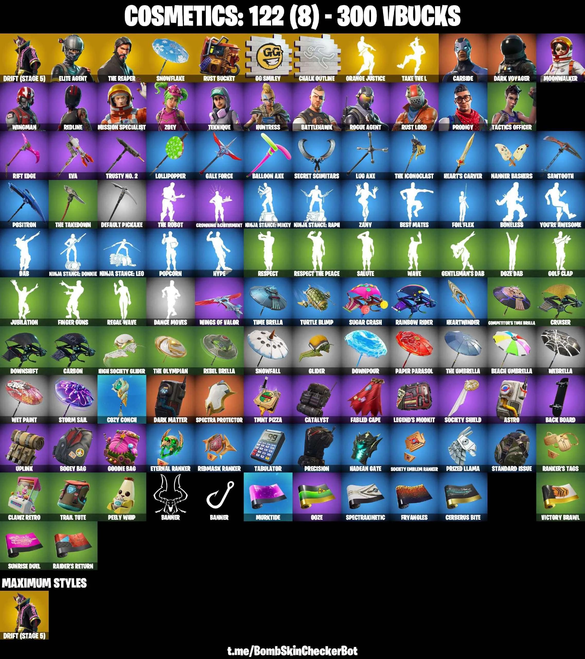 ❤️18 SKINS❤️TAKE THE L❤️THE REAPER❤️ELITE AGENT❤️ZOEY❤️DRIFT(STAGE 5)❤️TACTICS OFFICER❤️TEKNIQUE❤️REDLINE❤️RUST BUCKET❤️SNOWFLAKE❤️CAN PLAY ON PSN❤️XBOX❤️PC❤️NINTENDO❤️MOBILE❤️300 VBUCKS❤️FULL EMAIL ACCESS❤️