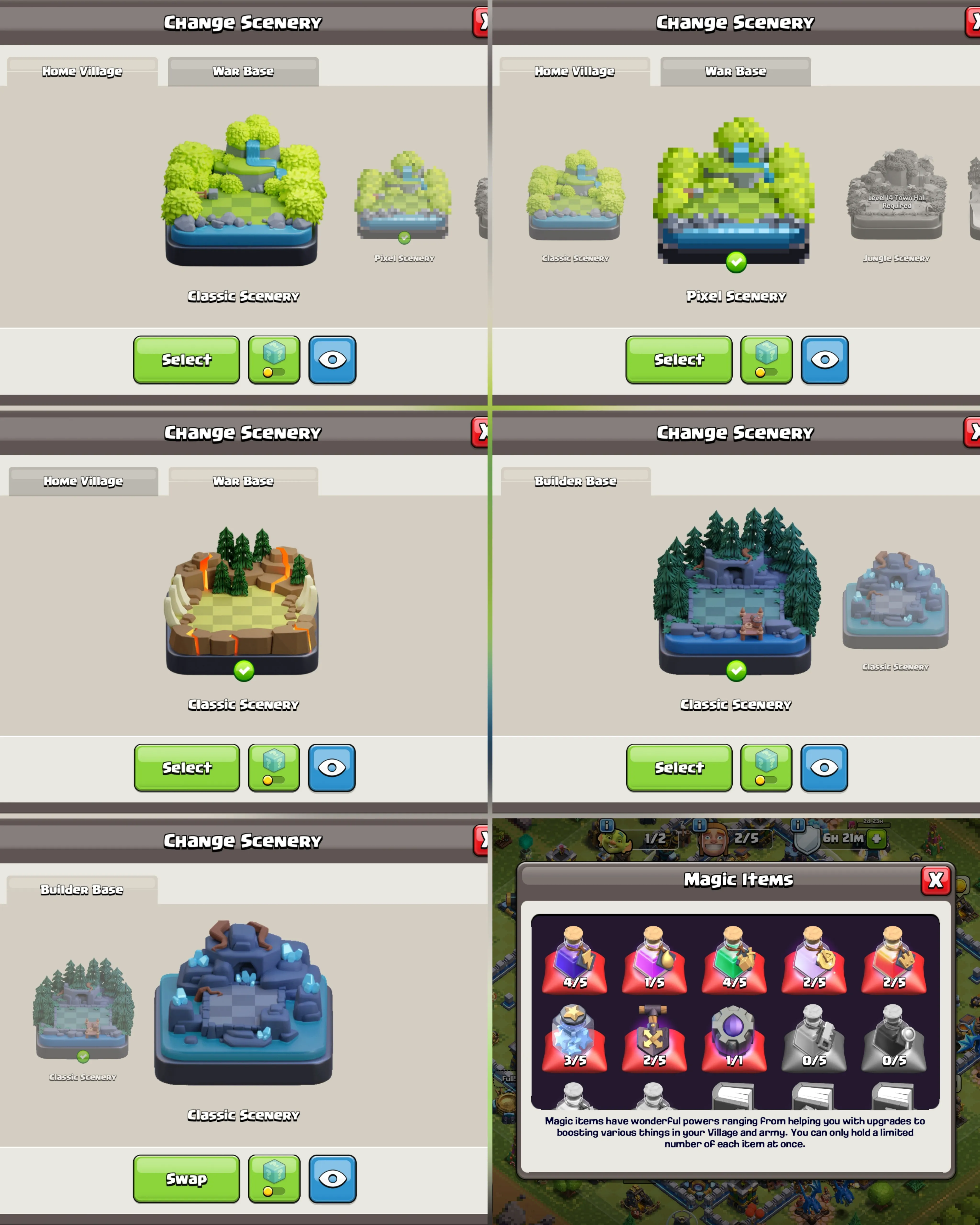 C054 TH13 PIXEL SCENERY - XP157 - 869 GEMS - CN 0 GEMS - BK52 SKIN2 GG14 SB1 - AQ62 SKIN ICE QUEEN FA12 - GW32 SKIN PARTY WARDEN