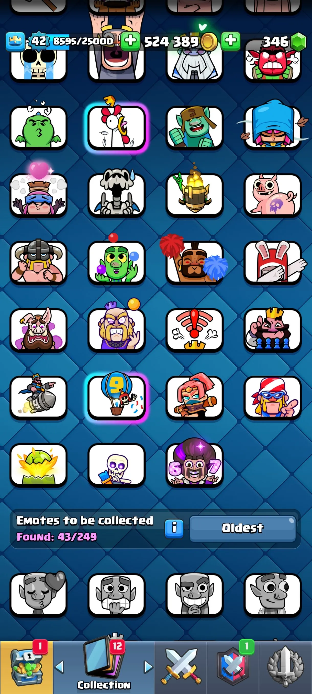 CR621 Maxed 8708 Cups star 11 Evolutions Lv14 Meta Cards 524k Gold 346 Gems 3 Towers 43 Emotes 118 Cards Name Change
