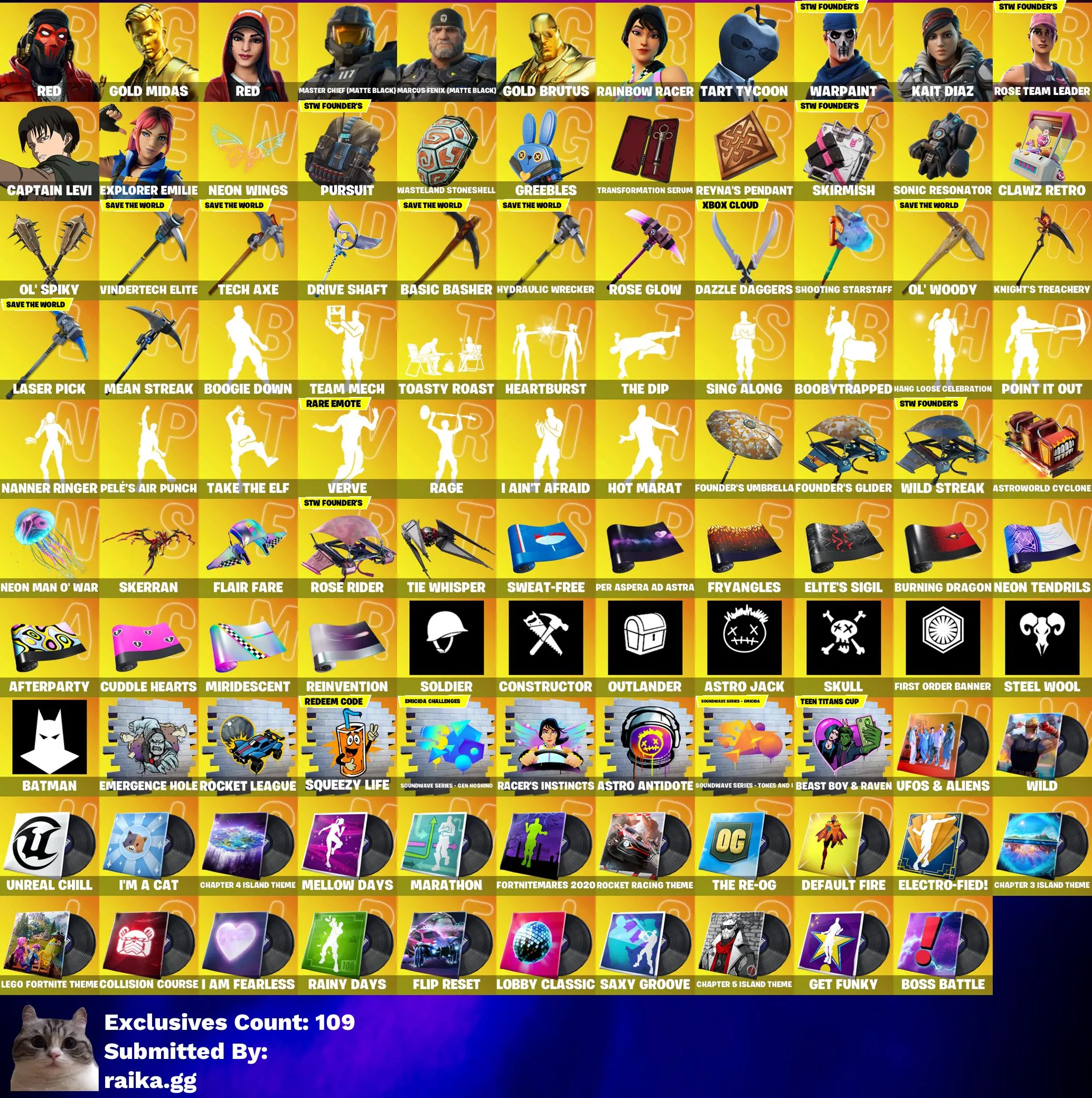 Instant • FN (All Platforms) • 287 skins • OG STW • Gold Midas & Brutus • Master Chief Black • Captain Levi • Take the Elf • Full Access