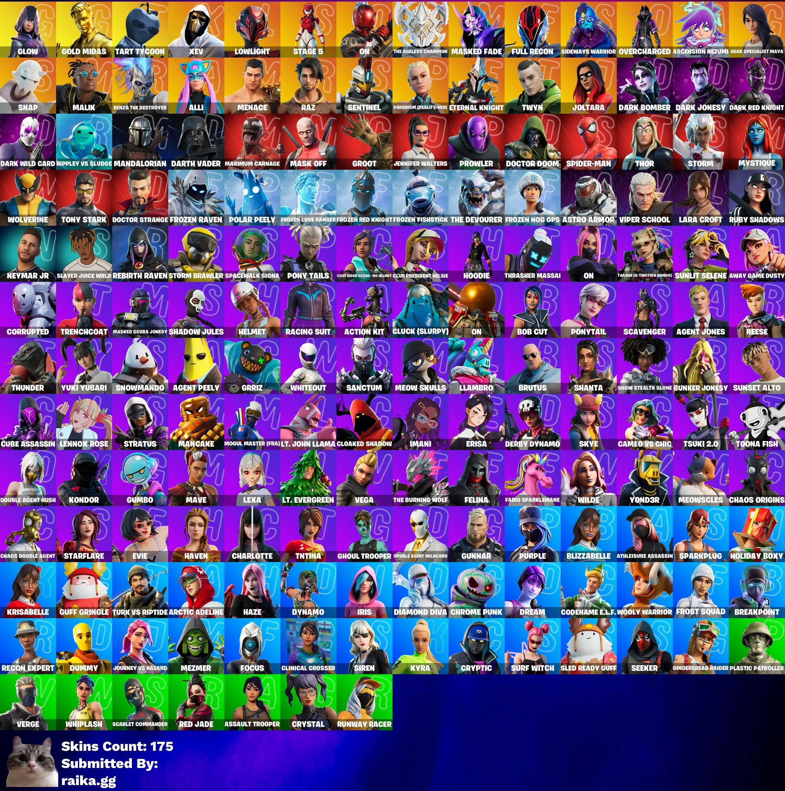 Instant • FN (All Platforms) • 175 skins • Glow • Gold Midas • Leviathan Axe • Candy Axe • Laugh Emote • Full Access