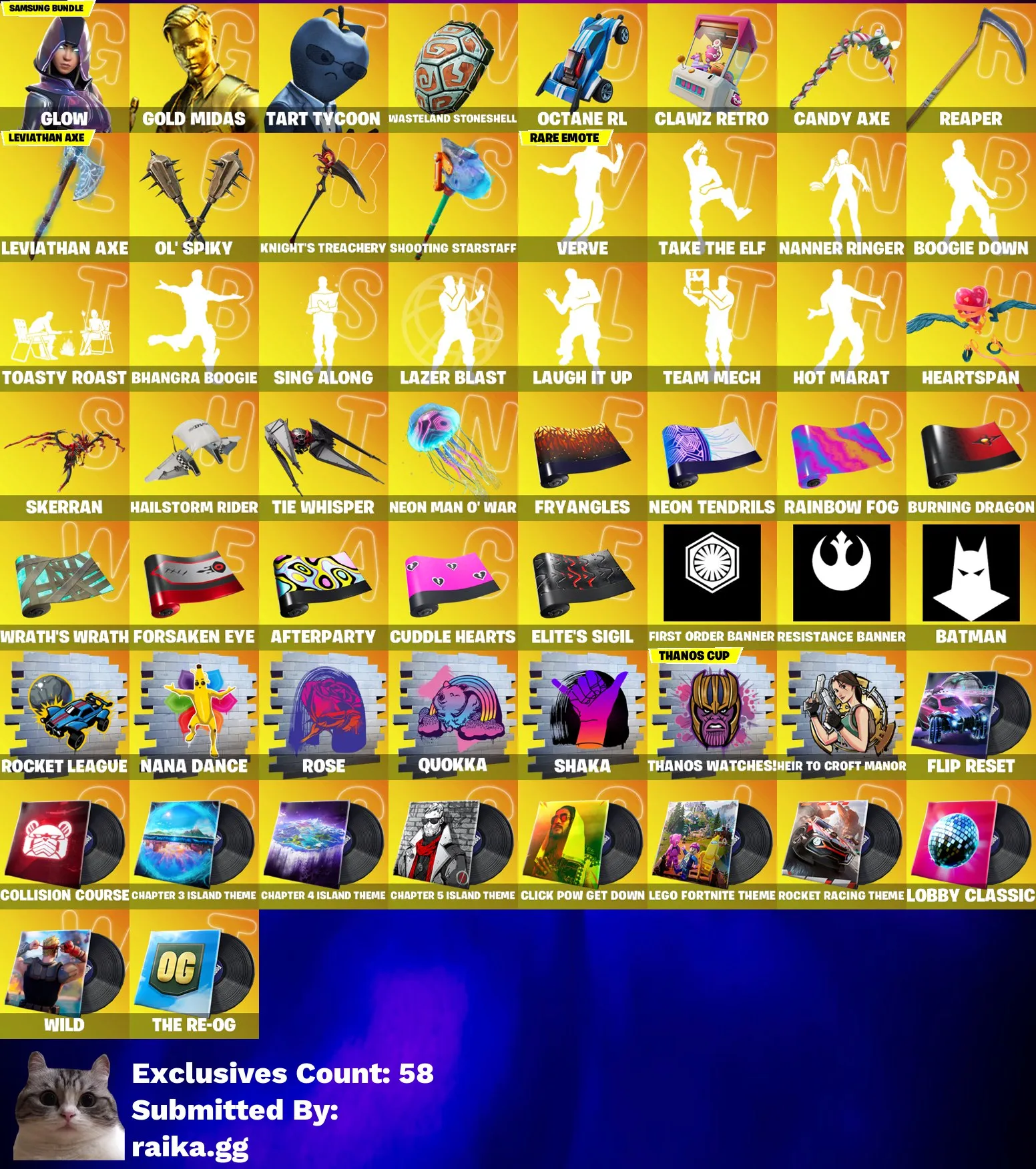Instant • FN (All Platforms) • 175 skins • Glow • Gold Midas • Leviathan Axe • Candy Axe • Laugh Emote • Full Access