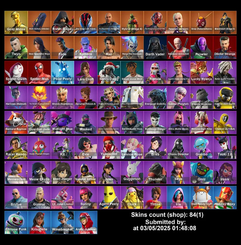 [PC/PS4-5/XBOX] 84 Skins | Gold Midas | Spider Man | Spider Gwen | Agent Peely | Wave Breaker | Lara Croft | Agent Peely | Indiana Jones | Full Email Access