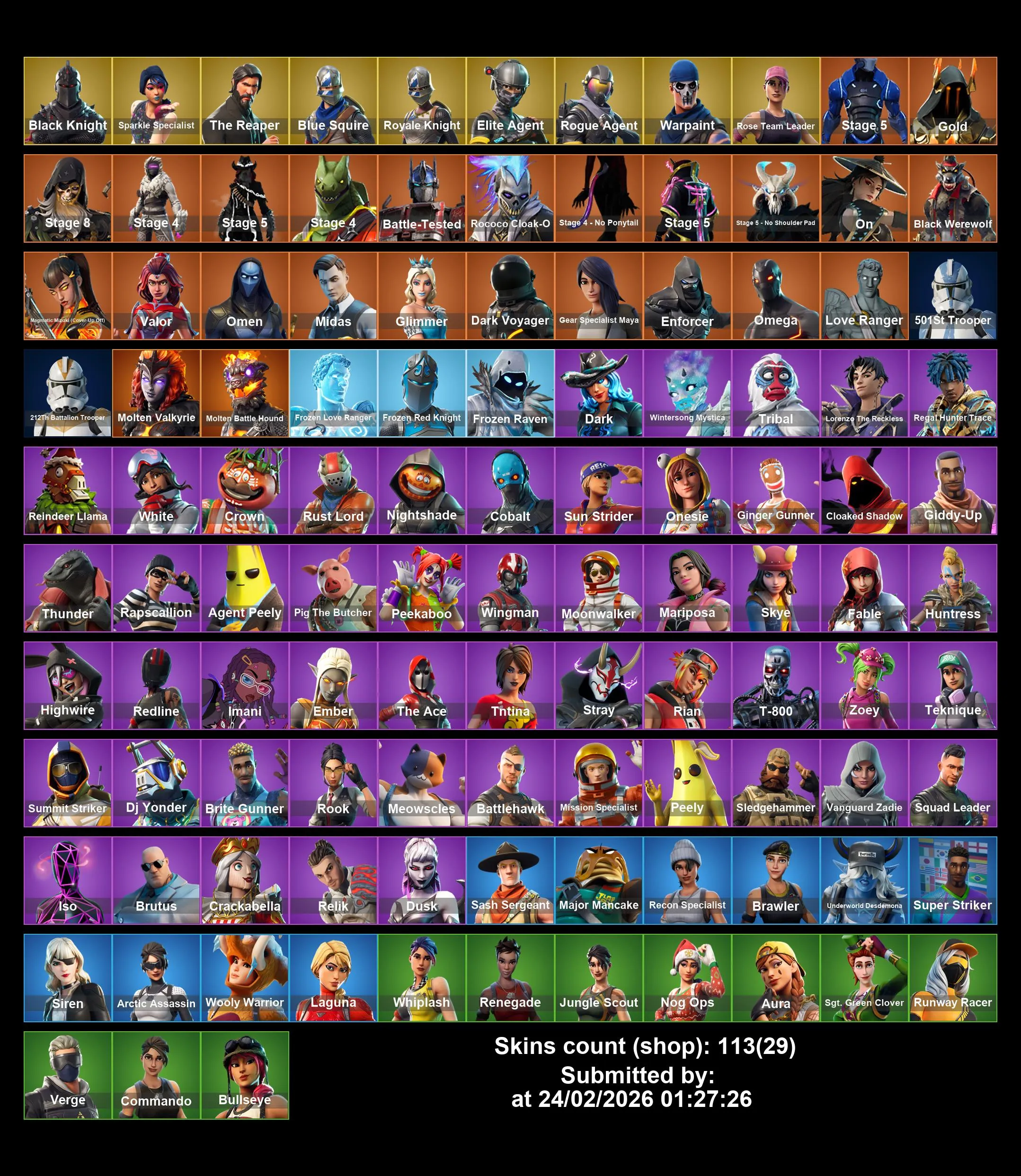 (PC PS4–5 XBOX) 113 Skins 🎮 OG STW 🏆 Black Knight 🛡️ Sparkle Specialist ✨ The Reaper 💀 Blue Squire 🔵 Royale Knight ⚔️ Elite Agent 🎖️ Rogue Agent 🎯 Stage 5 ⭐ Gold Rank 🥇 50 V-Bucks 💰 Full Email Access