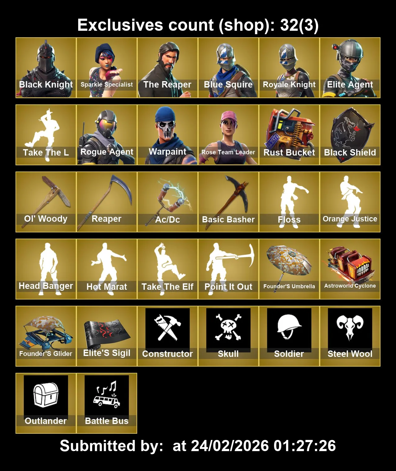 (PC PS4–5 XBOX) 113 Skins 🎮 OG STW 🏆 Black Knight 🛡️ Sparkle Specialist ✨ The Reaper 💀 Blue Squire 🔵 Royale Knight ⚔️ Elite Agent 🎖️ Rogue Agent 🎯 Stage 5 ⭐ Gold Rank 🥇 50 V-Bucks 💰 Full Email Access