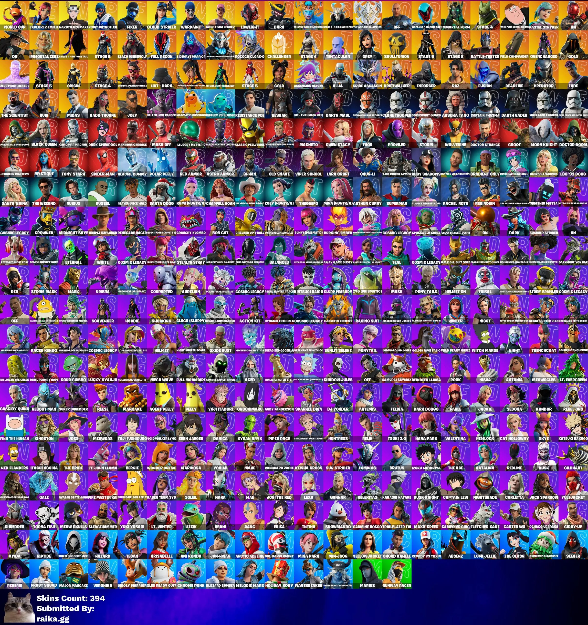 Instant • FN (All Platforms) • 394 skins • OG STW • World Cup • Captain Levi • Naruto • Take the Elf • Full Access