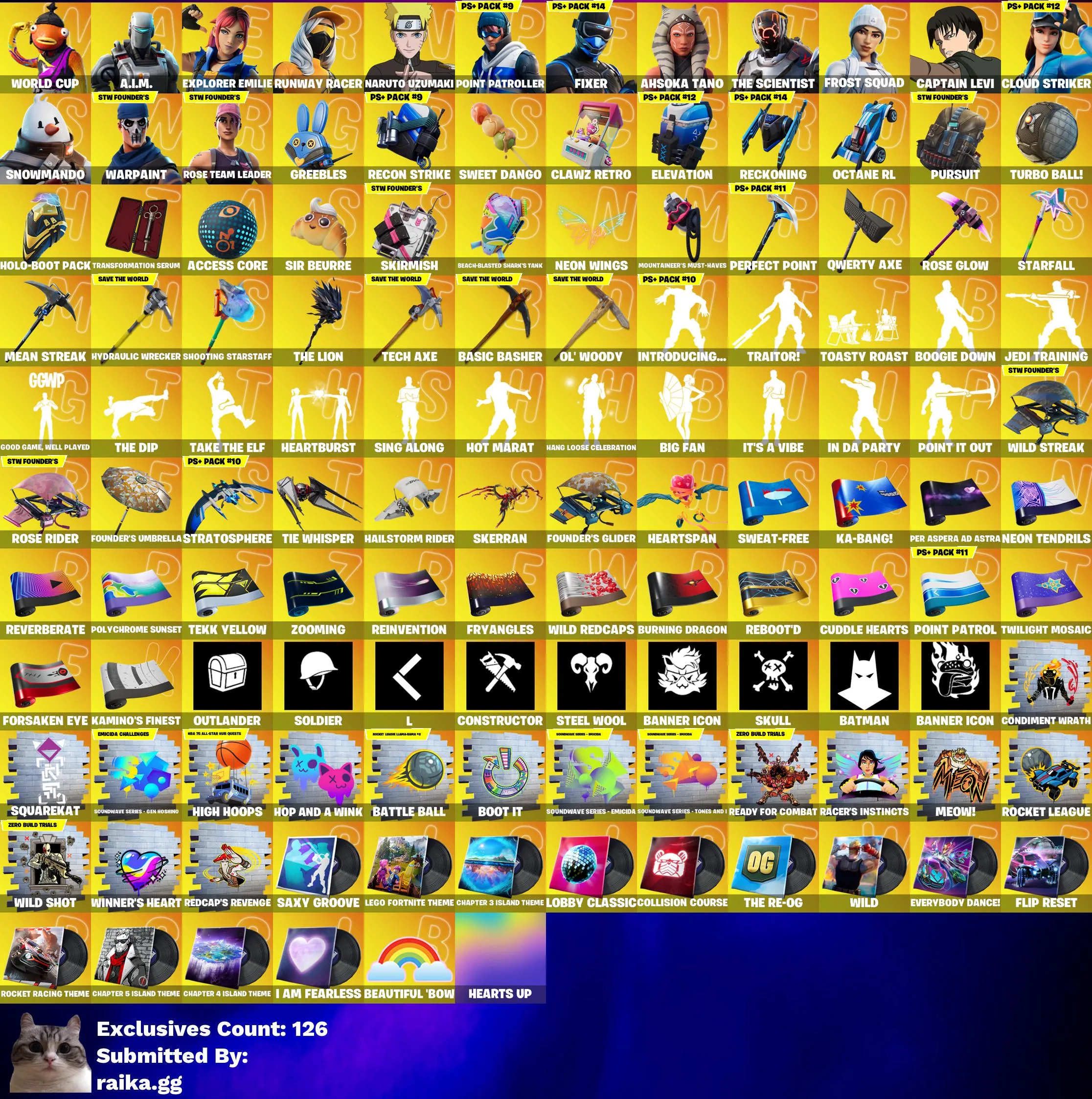 Instant • FN (All Platforms) • 394 skins • OG STW • World Cup • Captain Levi • Naruto • Take the Elf • Full Access