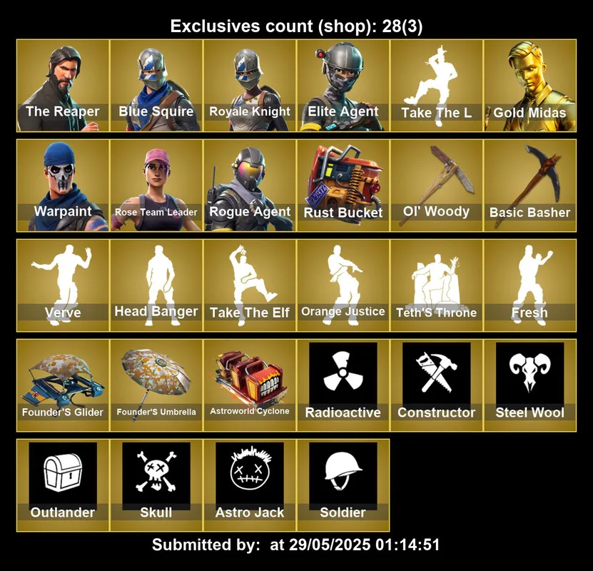 (PC PS4–5 XBOX) 113 Skins 🎮 OG STW ✨ Royale Knight 🔫 Blue Squire 👑 Fresh 🌌 The Reaper 🔥 Take The L 🚀 Carbide ⭐ Orange Justice 💥 Wild Card ✉ Full Email Access