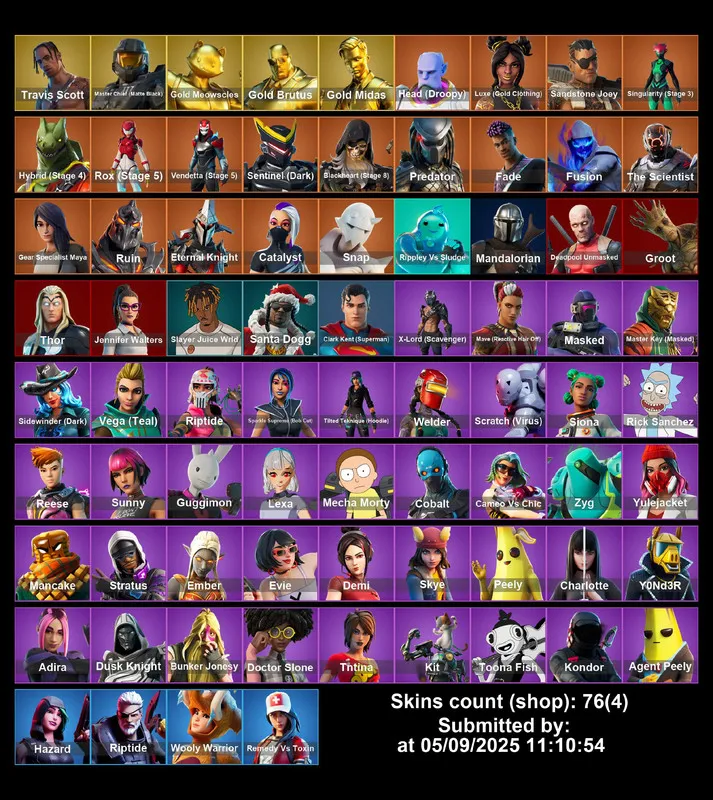 [PC/PS4-5/XBOX] 76 skins | Travis Scott | Master Chief (Matte Black) | Gold Meowscles | Gold Brutus | Gold Midas | Head (Droopy) | Luxe (Gold Clothing) | 
