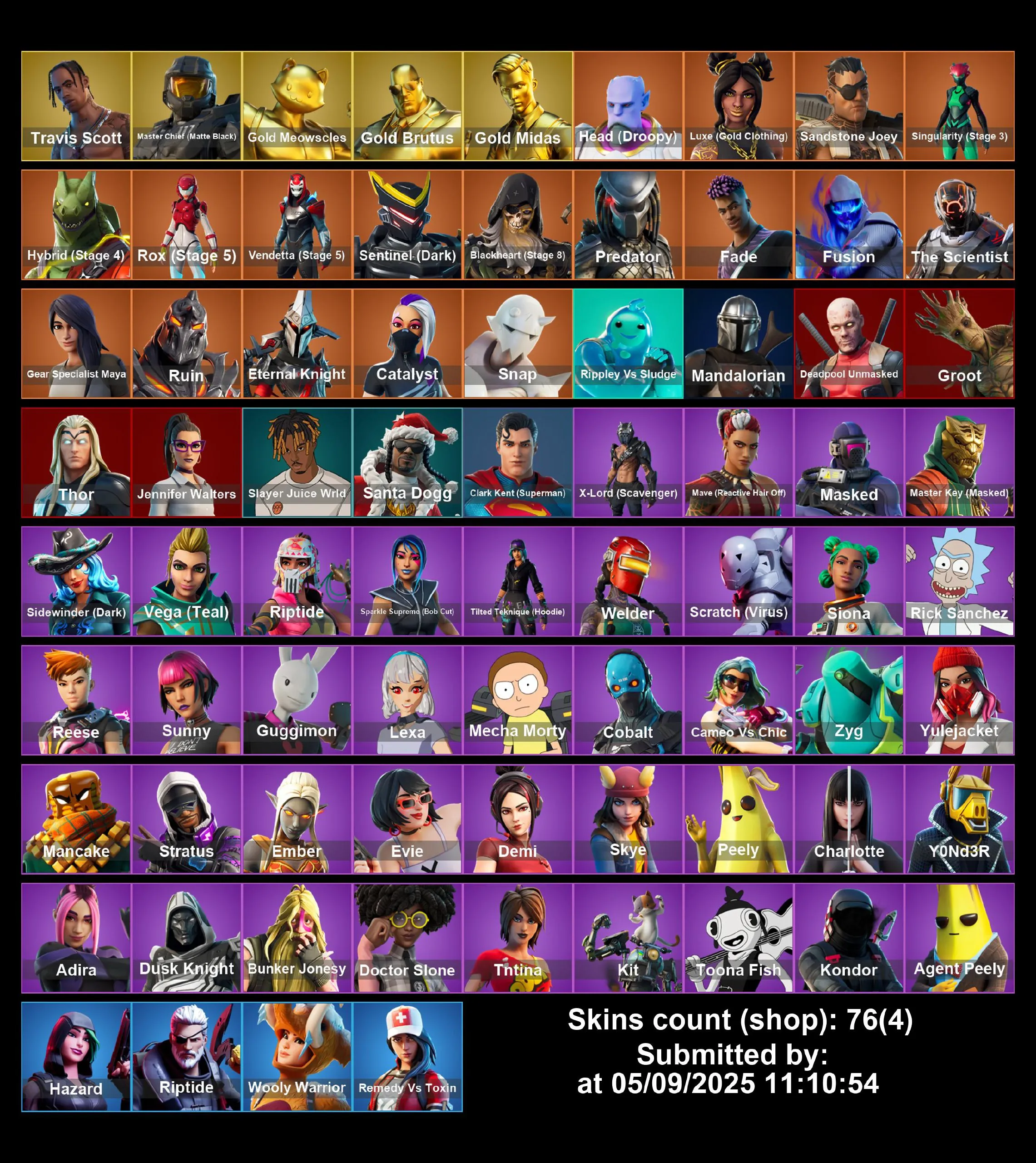 [PC/PS4-5/XBOX] 76 skins | Travis Scott | Master Chief (Matte Black) | Gold Meowscles | Gold Brutus | Gold Midas | Head (Droopy) | Luxe (Gold Clothing) | 400 VB | Full Access