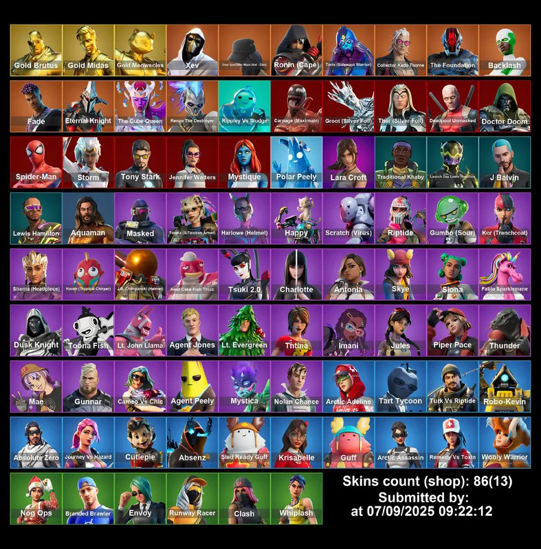 (PC PS4–5) 86 Skins 🎮 Gold Brutus ✨ Gold Midas 🔫 Gold Meowscles 👑 Xev 🌌 Gear Specialist Maya (Hat ⸱ Dark) 🔥 Ronin (Cape) 🚀 Torin (Sideways Warrior) ✉ Full Email Access