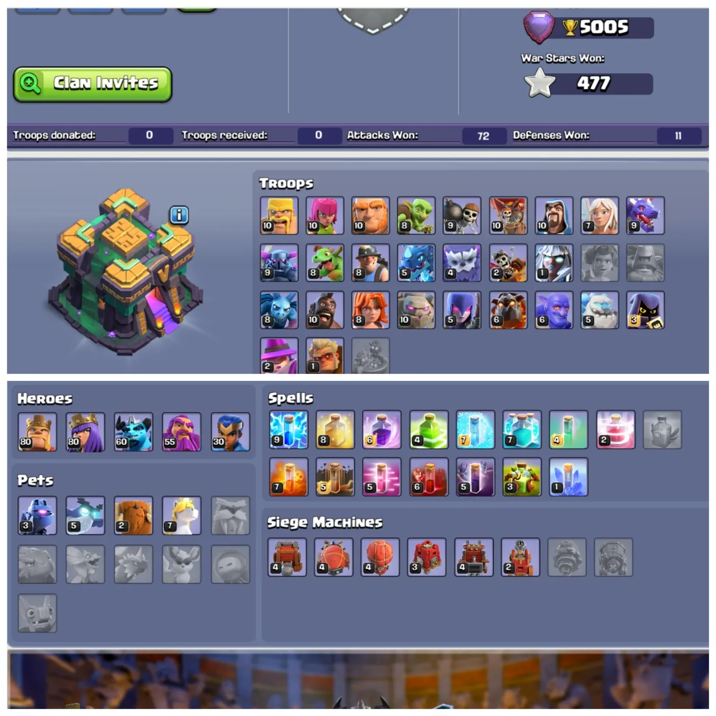 💸 TH14 Cheapest Offer ⚔️ 9 Epic Equipments 👑 Max Heroes + 8 Hero Skins 👷 6 Builders + Legend Touched ✨ Stacked Items 🚀 Instant Delivery A5