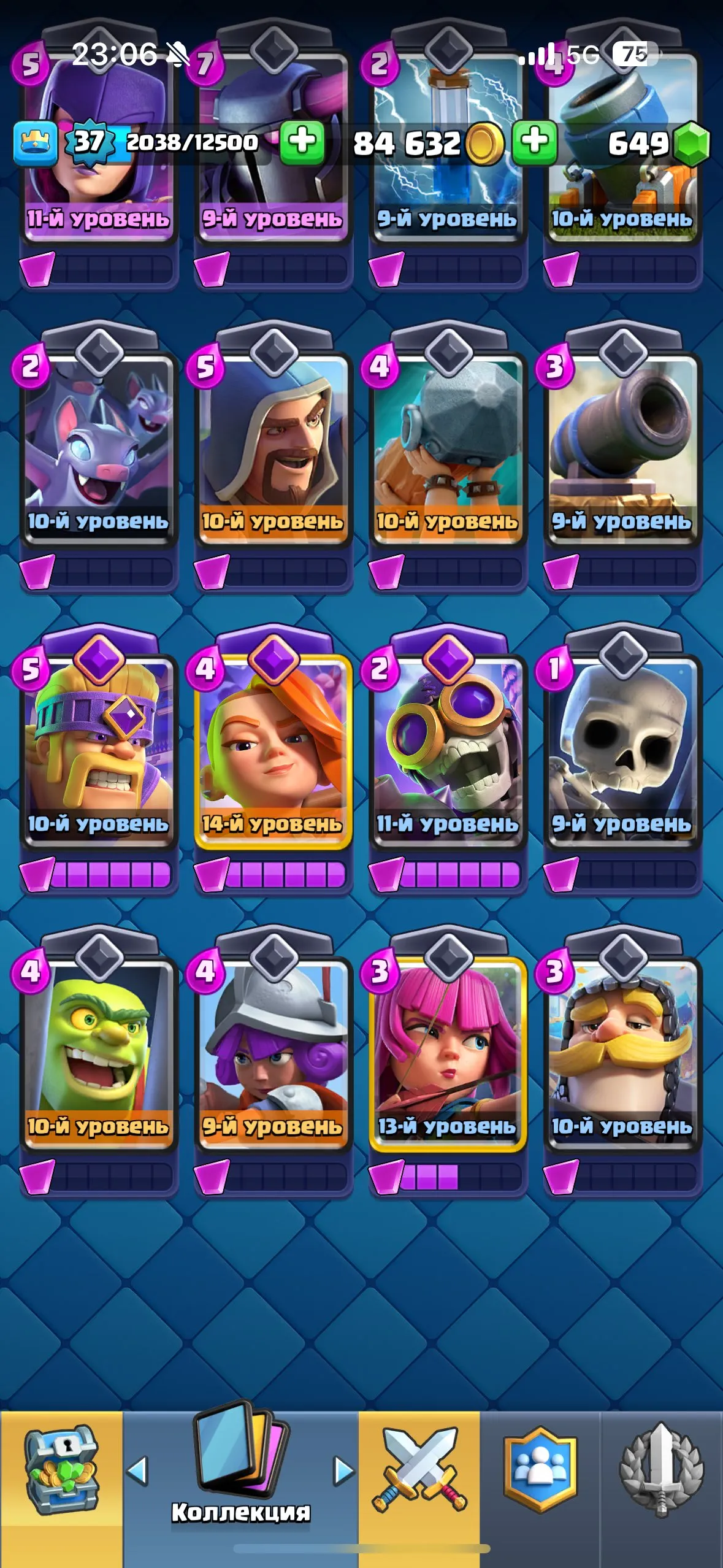 CR619 7.6k Trophies Arena 20 King Level 37 116 Cards 18 Legendaries 3 Evolutions 2 Lvl15 Cards 10 Lvl14 Cards 649 Gems 8432 Gold 20 Emotes Free Name Change