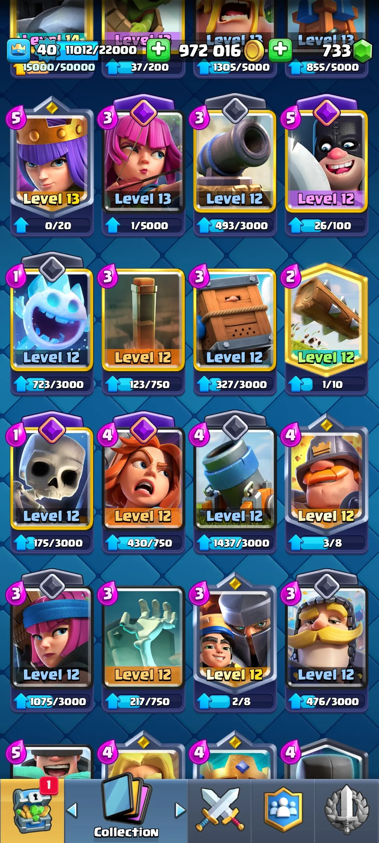 CR676 8035 cups 10 Evolutions 118 cards 733 gems 972016 gold King 40 Arena 21 5 tower skins 38 emotes rich magic