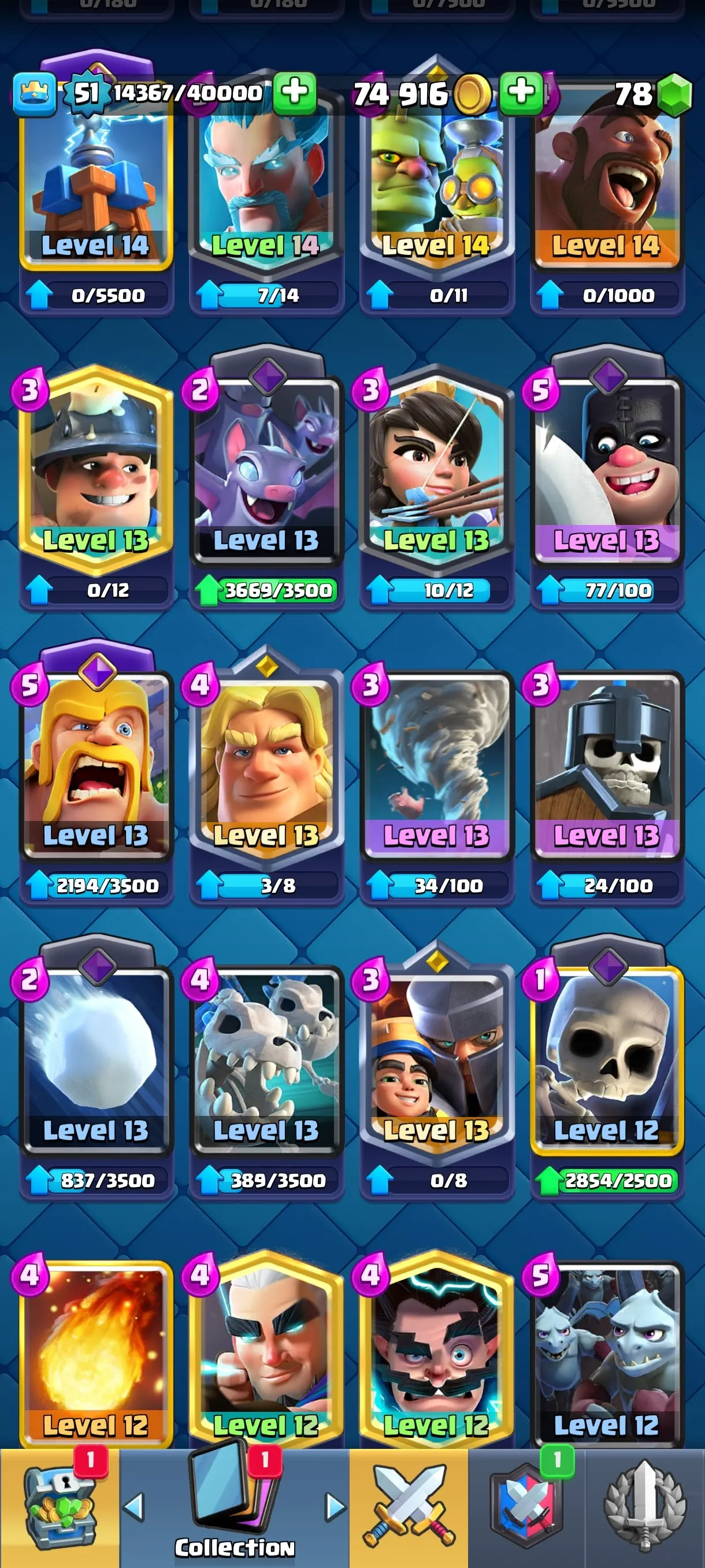 CR678 10000 cups 11 Evolutions 120 cards 78 gems 74916 gold King 51 Arena 25 77 emotes 8 tower skins max heroes