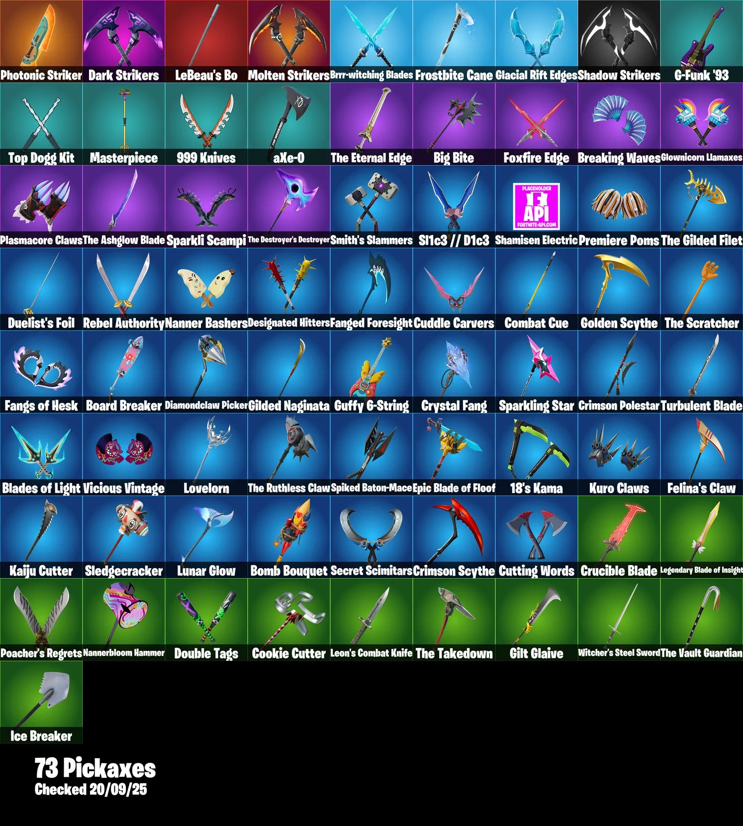 F1213 76 Skins Including Molten Omen, Felina, Absolute Zero, Massai, Axion Sentinel, Peter Griffin, Doom Slayer, Valeria, The Ageless, Frozen Nog Ops, Gold Blooded Ace, Contract Giller, Bullseye, Godzilla Evolved, Nezumi, Mizuki, Shadow Ark (G)