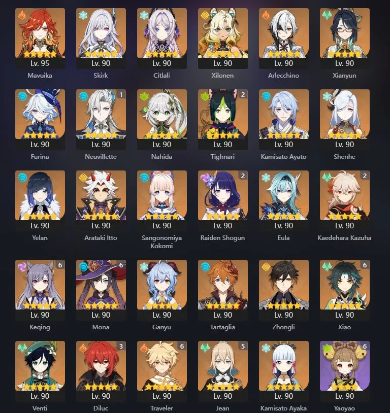 GI971 C6 Xiao 50+ Five star Chars Neuvillette Furina Nahida Ganyu Raiden Kazuha Elegy Staff of Homa (G)