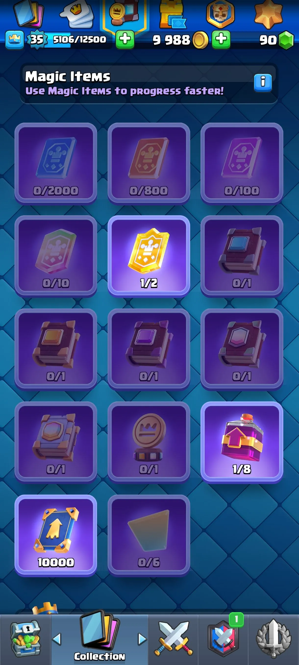 CR674 6565 cups 1 Evolution 115 cards 90 gems 9988 gold King 35 Arena 18 4 tower skins 25 emotes badges collection