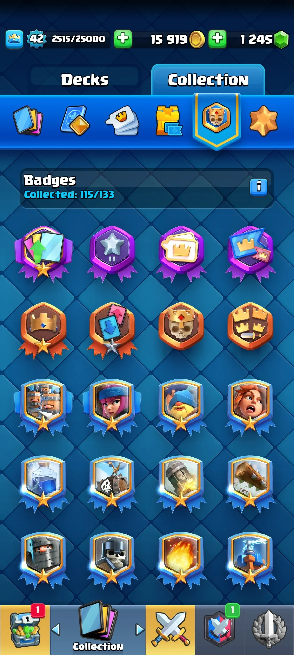 CR543 9730 cups 7 Evolutions 117 cards 54 emotes 2 tower skins 42 banners 53 frames