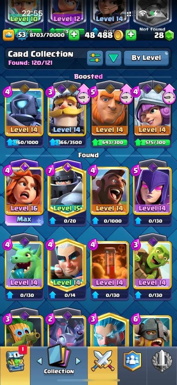 CR628 8.5K Trophies L53 Arena 22 120 Cards 20 Legendaries Valkyrie Deck 1 L16 1 L15 Card 7 Evolutions 49 Emotes 28 Gems 48K Gold