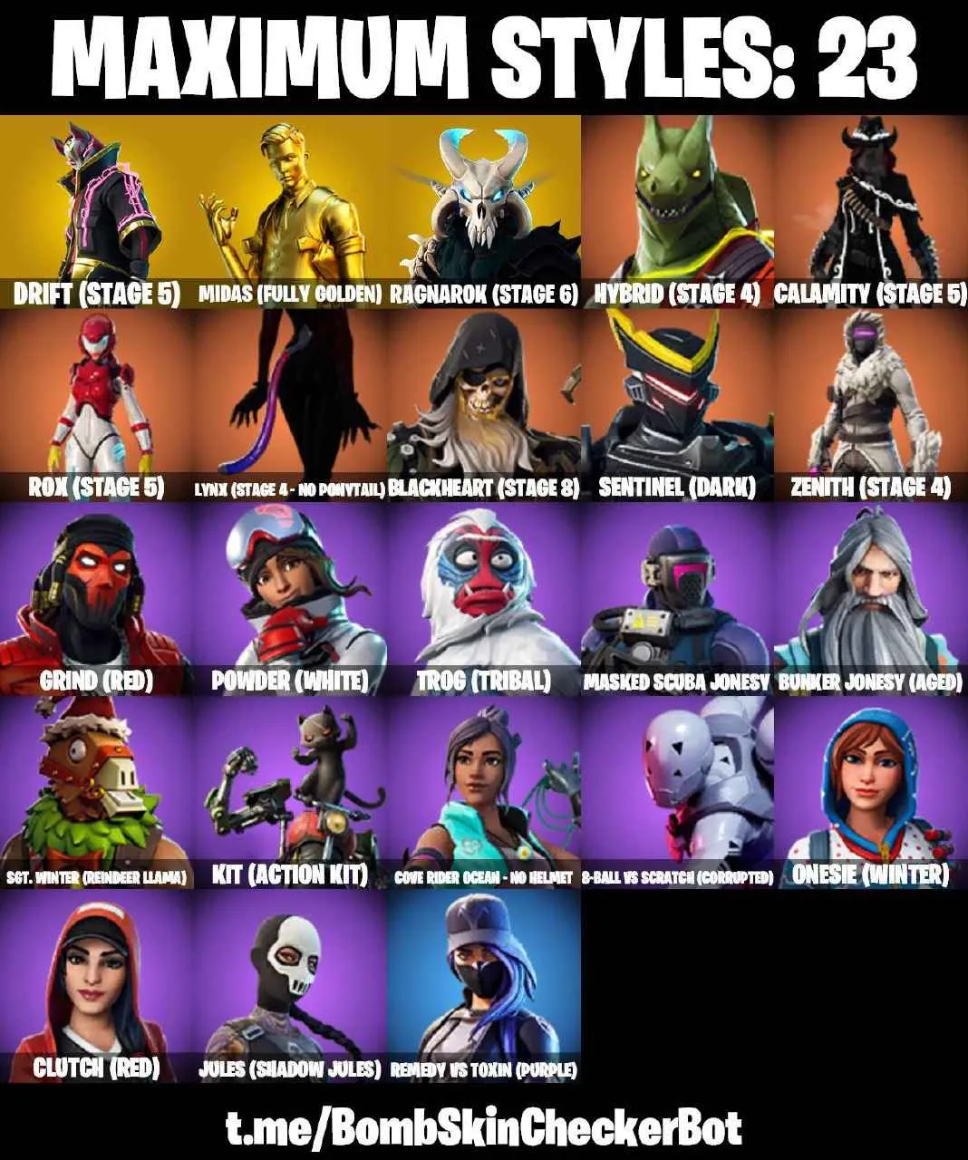 ❤️112 SKINS❤️NEO VERSA❤️LARA CROFT❤️MANDALORIAN❤️SPIDER-MAN❤️INTRODUCING❤️GOLDEN MIDAS❤️ONESIE(MAX)❤️JULES(MAX)❤️ROOK❤️TSUKI 2.0❤️AURA❤️DRIFT(STAGE 5)❤️RAGNAROK(STAGE 6)❤️AGENT PEELY❤️SKYE❤️8-BALL(MAX)❤️ASTROWORLD CYCLONE❤️PEPPERMINT PICK❤️TAKE THE ELF❤️