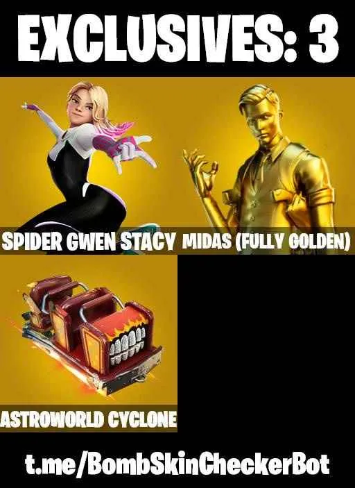 ❤️131 SKINS❤️LARA CROFT❤️GOLDEN MIDAS❤️CLONE TROOPER❤️AHSOKA TANO❤️CORUSCANT GUARD❤️DARTH VADER❤️AHSOKAS CLONE TROOPER❤️WOLF PACK TROOPER❤️DARTH MAUL❤️SPIDER-MAN❤️SPIDER-GWEN STACY❤️CLARK KENT(SUPERMAN)❤️MYSTICA(MAX)❤️HELSIE(MAX)❤️EVIE(MAX)❤️