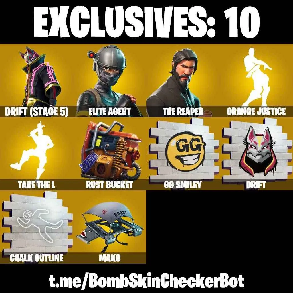 ❤️22 SKINS❤️TAKE THE L❤️MAKO❤️THE REAPER❤️ELITE AGENT❤️ORANGE JUSTICE❤️ZOEY❤️DRIFT(STAGE 5)❤️CALAMITY(STAGE 5)❤️CRYSTAL❤️RUST BUCKET❤️ICE BREAKER❤️PEPPERMINT PICK❤️CAN PLAY ON PSN❤️XBOX❤️PC❤️NINTENDO❤️MOBILE❤️200 VBUCKS❤️FULL EMAIL ACCESS❤️