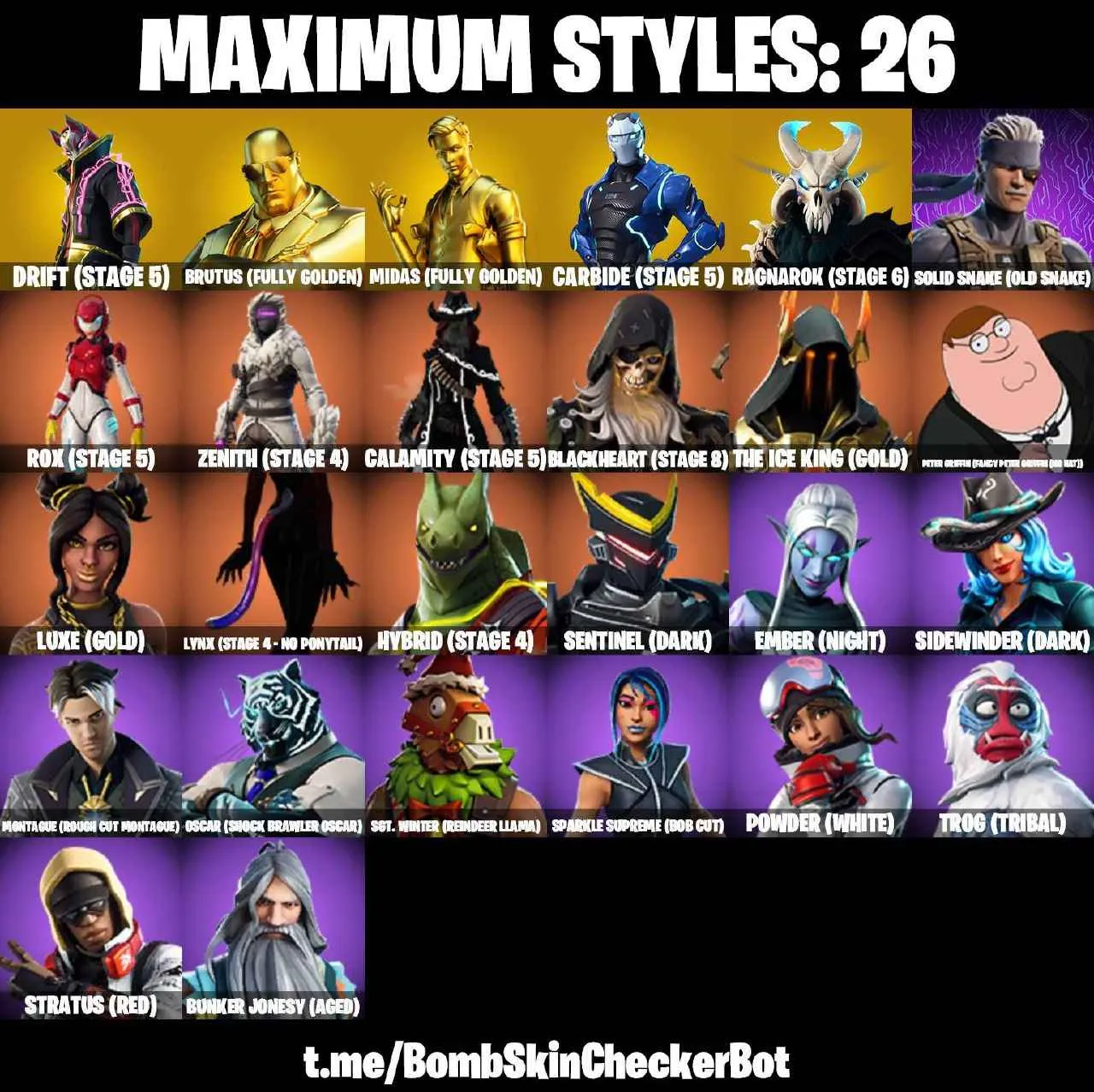 ❤️112 SKINS❤️TRAVIS SCOTT❤️JOHN WICK❤️TRAILBLAZER❤️FREESTYLIN❤️OMEGA❤️ORANGE JUSTICE❤️MANDALORIAN❤️ZOEY❤️ROOK❤️ONESIE❤️HOPE❤️DRIFT(STAGE 5)❤️RAGNAROK(STAGE 6)❤️CARBIDE(STAGE 5)❤️AGENT PEELY❤️YULETIDE RANGER❤️SNOWFLAKE❤️ICE BREAKER❤️TAKE THE ELF❤️