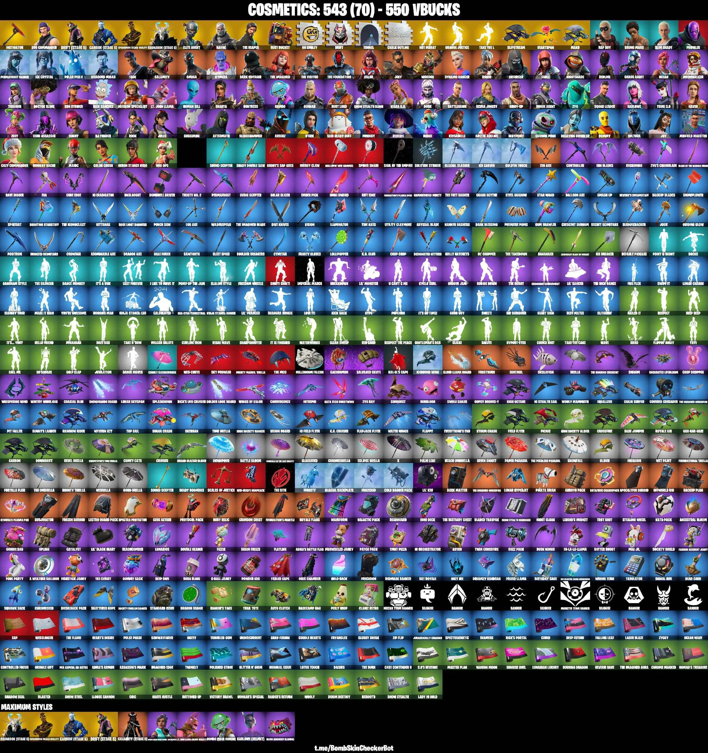 ❤️91 SKINS❤️TAKE THE L❤️MAKO❤️THE REAPER❤️ELITE AGENT❤️OMEGA❤️HAVOC❤️SUB COMMANDER❤️DYNAMO DANCER❤️GILDED SPIDER-MAN❤️ORANGE JUSTICE❤️STAR WAND❤️DUMMY❤️HUMAN BILL❤️TSUKI 2.0❤️ZOEY❤️ROOK❤️JULES❤️REVERIE❤️DRIFT(STAGE 5)❤️RAGNAROK(STAGE 6)❤️CARBIDE(STAGE 5)❤️