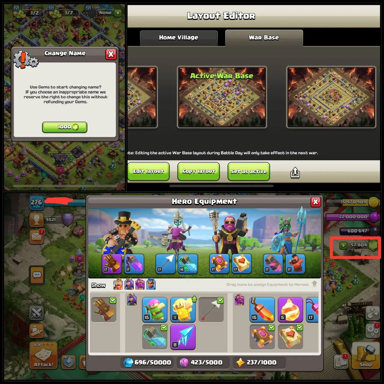 57000 GEMS  FULL MAX TH16  ALL HEROS PETS MAX HELL LOT OF STACKED OBSTACLES 4000+ WAR STARS 6 WAR LAYOUT INSTANT DELIVERY