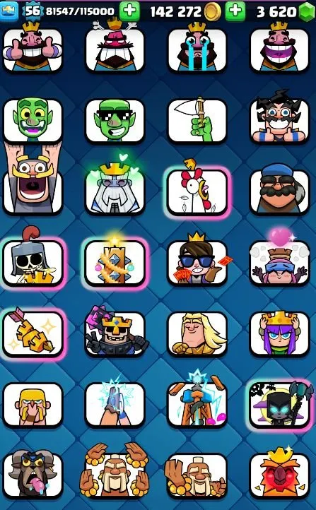 CR554 56 LVL, Arena 24, 10000 trophies, 7 level 15 cards, 22 level 14 cards, 6 evolutions, 68 emotes, 142k gold, 3.6k gems, many tower skins