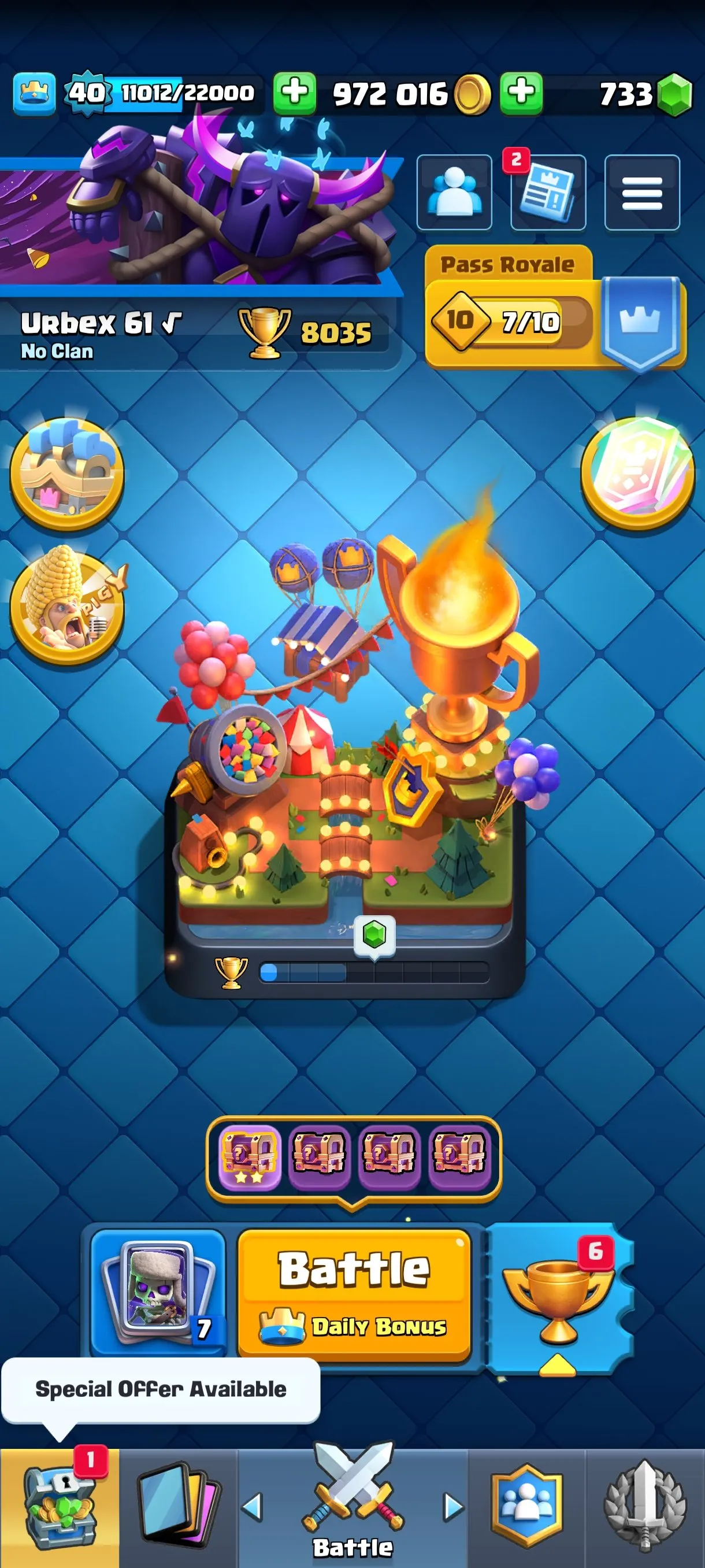 CR676 8035 cups 10 Evolutions 118 cards 733 gems 972016 gold King 40 Arena 21 5 tower skins 38 emotes rich magic