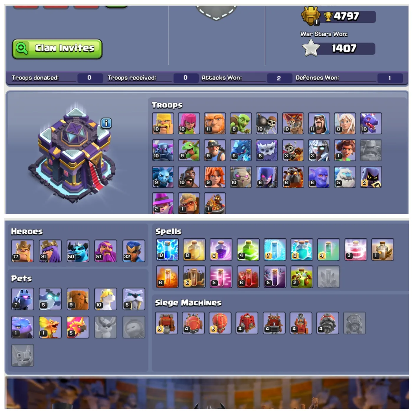 🏅 800+ CWL Medals 🏰 TH15 Near Max ⚡ XP 208 + 2100 Gems 👑 BK 77 AQ 81 MP 50 GW 57 RC 32 🎭 10 Hero Skins ⚔️ 4 Epic Equipments 🚀 Instant Delivery A6