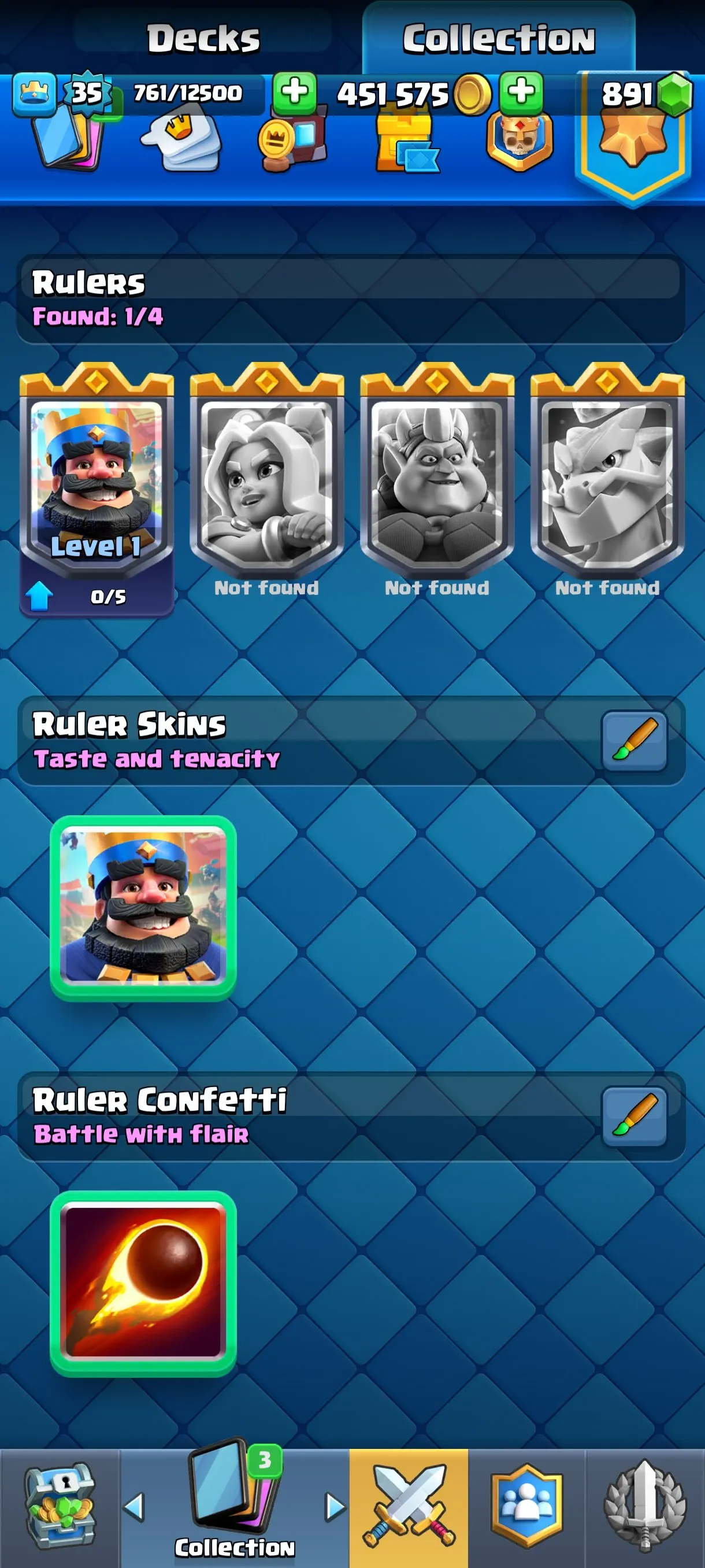 CR670 7518 cups 6 Evolutions 20 Legendary 118 cards 891 gems 451575 gold King 35 Arena 20 tower skins emotes badges