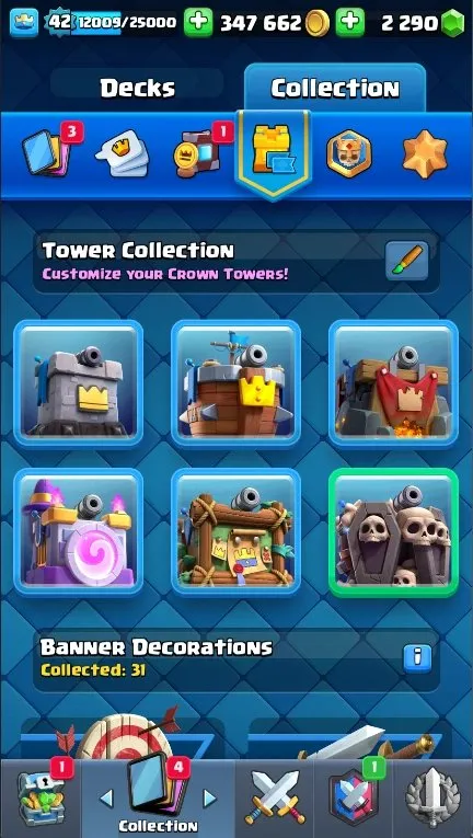 CR590 Max KT14 lvl 42 arena 23, 9603 trophies, 119 cards, 2 maxed, 5 lvl 15, 5 evolutions, 43 emotes, 6 tower skins, 2290 gems, 347k gold, books and wildcards