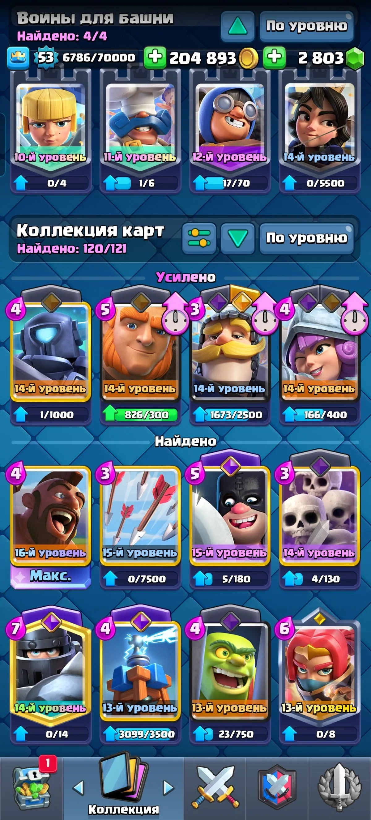 CR658 Arena 24 Level 53 9500 Trophies 120 Cards 23 Legendary 8 Evolutions 32 Emotes 4 Tower Skins 36 Frames 36 Jewels 2800 Gems 204k Gold 4 Year Badge King Tower 15