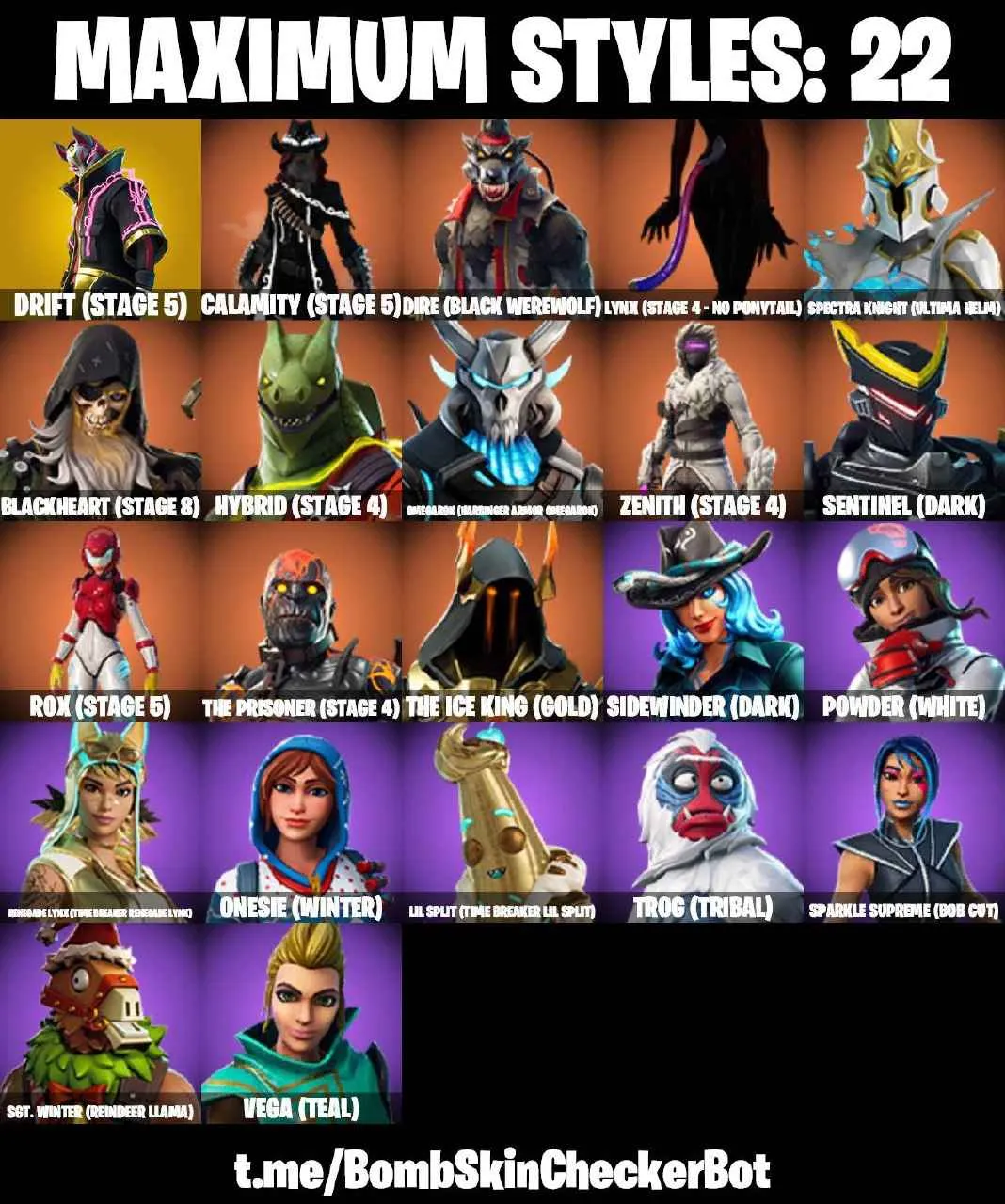 ❤️79 SKINS❤️TAKE THE L❤️THE REAPER❤️ELITE AGENT❤️RUSHIN AROUND❤️OG STW❤️OMEGA❤️ORANGE JUSTICE❤️ONESIE(MAX)❤️ZOEY❤️DRIFT(STAGE 5)❤️CALAMITY(STAGE 5)❤️DIRE(MAX)❤️LYNX(STAGE 4)❤️PEELY❤️PAR PATROLLER❤️SNOWFLAKE❤️RUST BUCKET❤️ICE BREAKER❤️PEPPERMINT PICK❤️