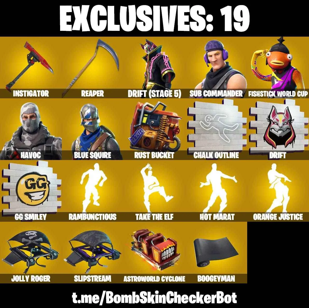 ❤️66 SKINS❤️BLUE SQUIRE❤️FISHSTICK(MAX)❤️HAVOC❤️SUB COMMANDER❤️SKULL TROOPER❤️WHIPLASH❤️ORANGE JUSTICE❤️RAMBUNCTIOUS❤️ZOEY❤️AURA❤️BULLSEYE❤️DRIFT(STAGE 5)❤️LYNX(STAGE 4)❤️ASTROWORLD CYCLONE❤️RUST BUCKET❤️REAPER❤️ICE BREAKER❤️PEPPERMINT PICK❤️TAKE THE ELF❤️