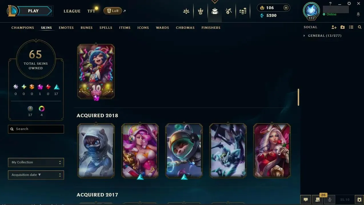 EUW ⭐ Hand-made ⭐ LV: 117 ⚡ ♟️ Champs: 155 🎨 Skins: 65  💰 BE: 5200 👑 1st Owner