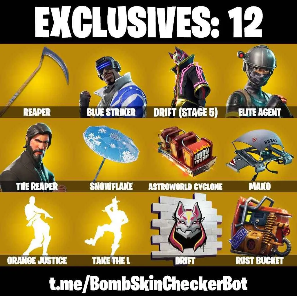 ❤️43 SKINS❤️TAKE THE L❤️MAKO❤️THE REAPER❤️ELITE AGENT❤️ORANGE JUSTICE❤️AHSOKA TANO❤️HOPE❤️DRIFT(STAGE 5)❤️SCARLET COMMANDER❤️CRYSTAL❤️RUNWAY RACER❤️SNOWFLAKE❤️ASTROWORLD CYCLONE❤️RUST BUCEKT❤️ICE BREAKER❤️SKULLY SCPETRE❤️CAN PLAY ON PSN❤️XBOX❤️PC❤️NINTENDO❤️