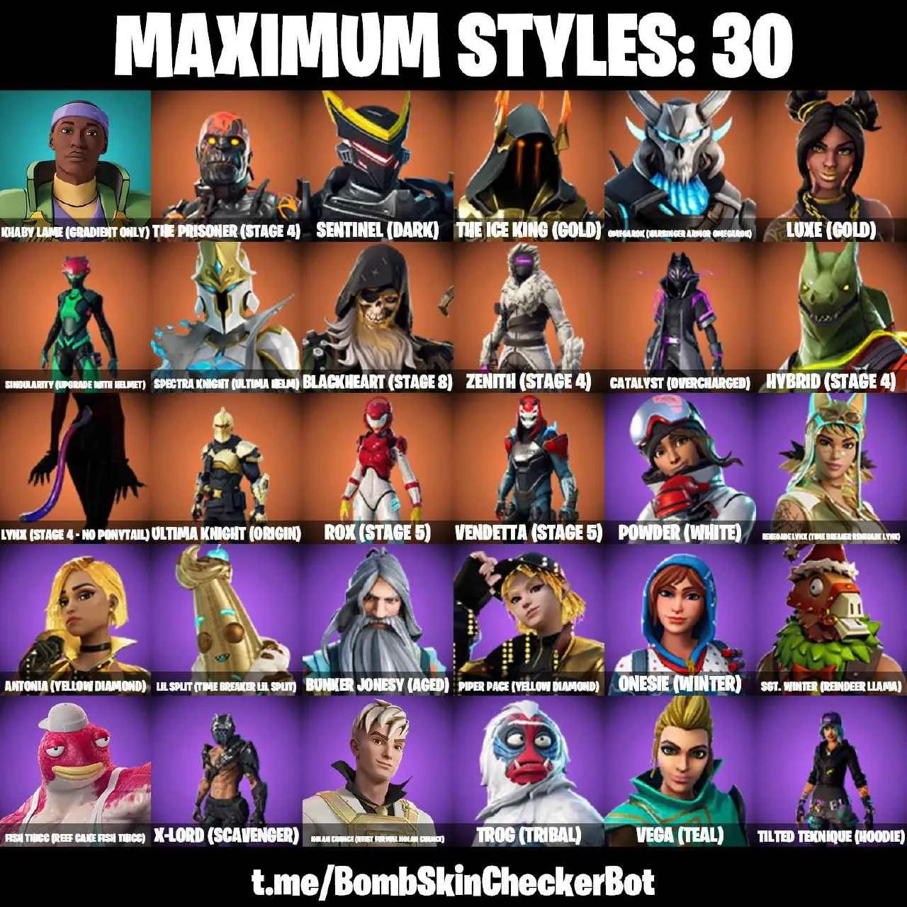 ❤️59 SKINS❤️SKULL TROOPER❤️CATALYST(MAX)❤️AHSOKA TANO❤️ONESIE(MAX)❤️BLUE TEAM LEADER❤️PEELY❤️YNX(STAGE 4)❤️HYBRID(STAGE 4)❤️ZENITH(STAGE 4)❤️BLACKHEART(STAGE 8)❤️SPECTRA KNIGHT(MAX)❤️RUST BUCKET❤️ICE BREAKER❤️TAKE THE ELF❤️CAN PLAY ON PSN❤️XBOX❤️PC❤️