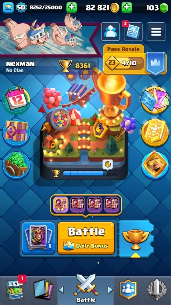 CR717 Level 50 deck with Hog Rider 1 level 16 1 level 15 5 evolutions 8.3k trophies Arena 21 82k gold 100 gems 27 emotes 117 cards 19 legendaries