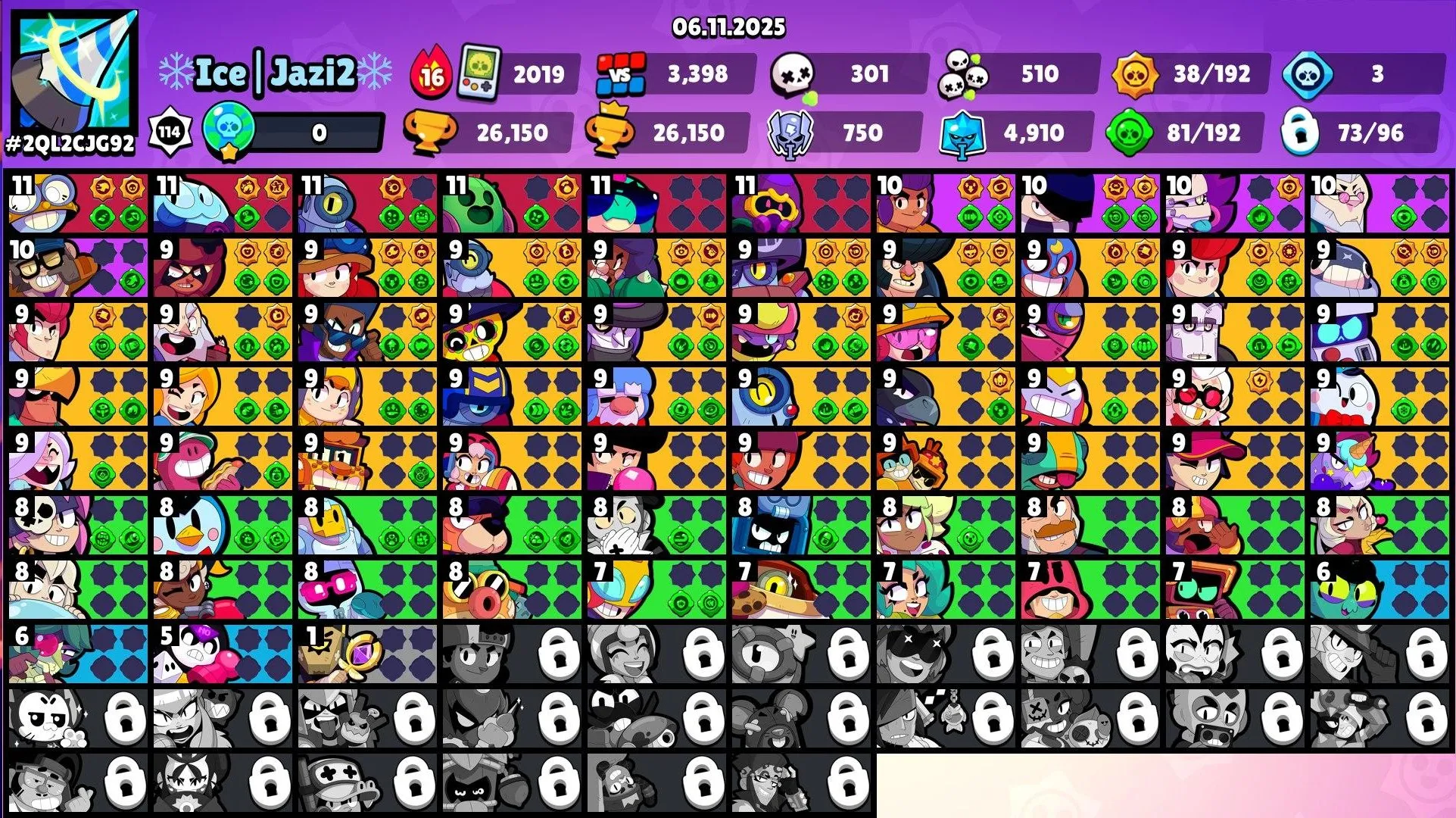 BS1855 //26150 trophies 73 brawlers star 6 max 4 hypercharged star 92 skins 1 legendary 2 hyper