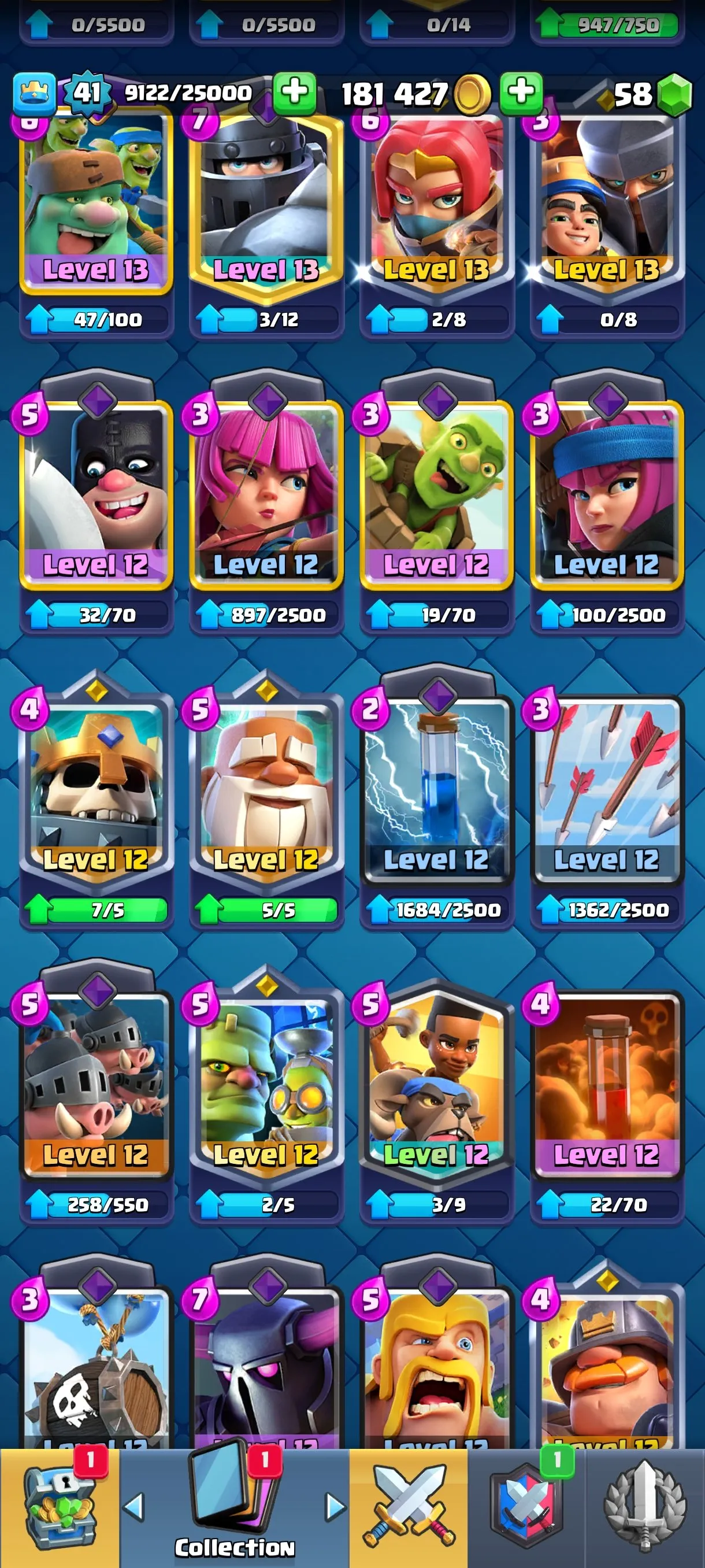 CR677 9244 cups 4 Evolutions 121 cards 58 gems 181427 gold King 41 Arena 23 36 emotes 5 tower skins rich deck