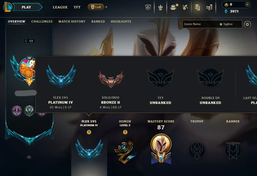 Flex Platinum 4🔥LVL52 SoloQ Bronze 2 68LP Handleveled💎44Champs 7Skins⭐Name Changeable🔓Unverified Email✅Lifetime Ownership Guarantee