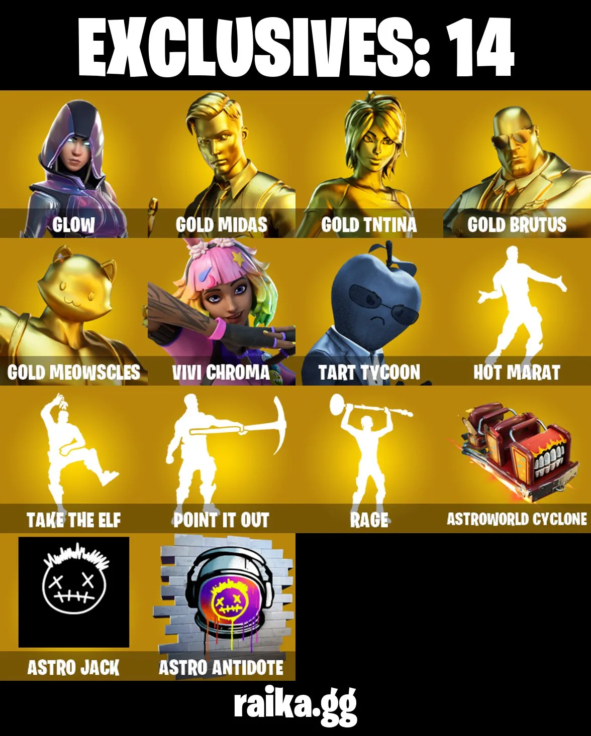 ❤️83 skins❤️Glow❤️Gold Midas❤️Gold TNTina❤️Gold Brutus❤️Deadpool❤️Take The Elf❤️Tart Tycoon❤️Calamity (Stage 5)❤️Drift (Stage 5)