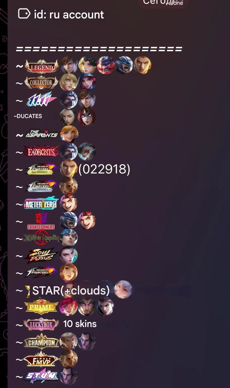 ML536 5 Legend Collector Leila Exorcist Hayabusa Granger Aspirant Fanny 11.11 Gusion Hayabusa Ducati Benedetta KOF Pack 594 Skins