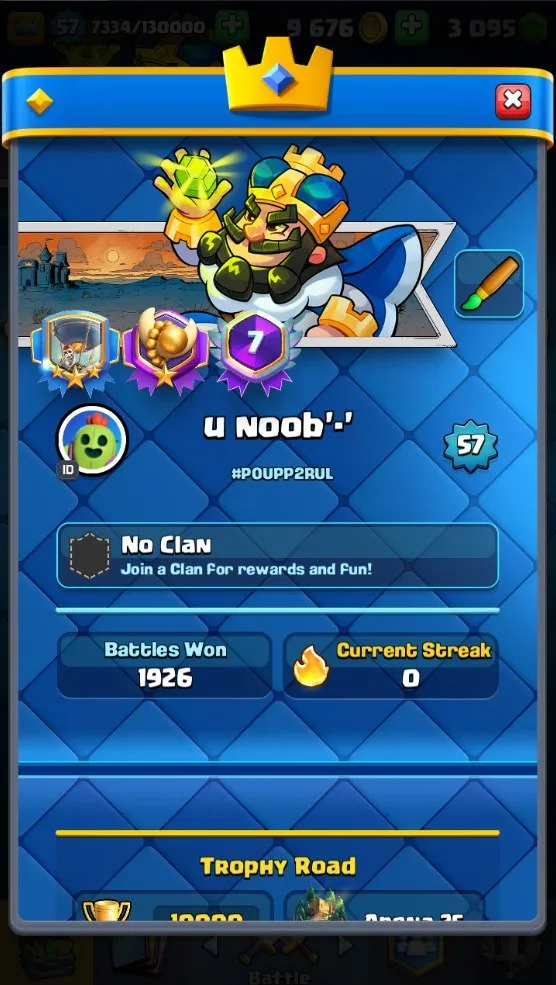 CR545 10k trophies lvl 57, 120 cards 19 legendary, lumberjack deck, 2 lvl 16 2 lvl 15, 3k gems, 85 emotes