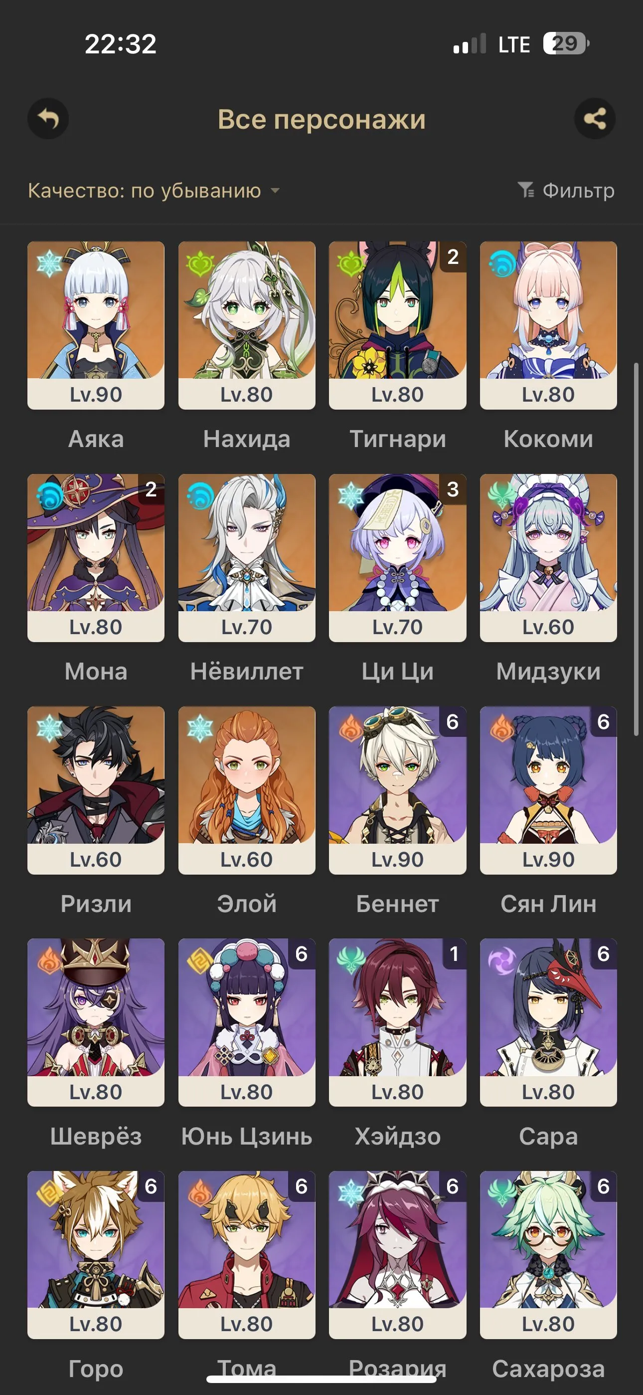 GI999 Lauma main with level 90–95 roster including Lauma, Raiden Shogun C2, Harlequin C1, Neuvillette, Ayaka, Diluc C6, Hu Tao, Ganyu